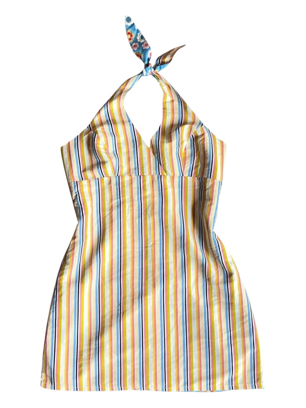 Reversible Y2K Mossimo Blue Floral/Striped Halter Dress - Picture 4 of 5